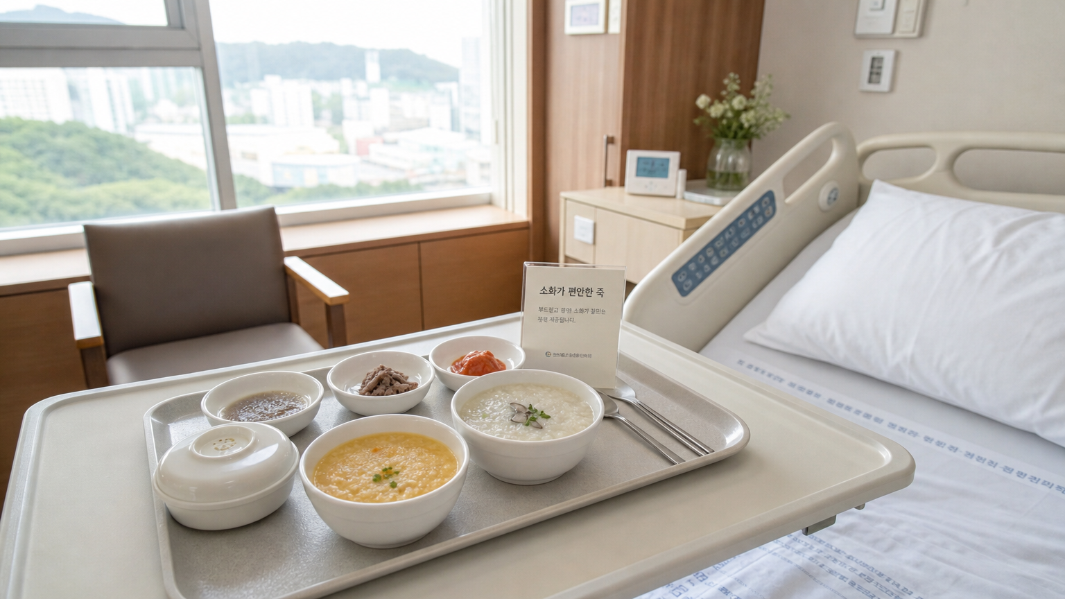 병실 침대 옆 테이블에 놓인 소화에 도움되는 부드러운 한국식 죽