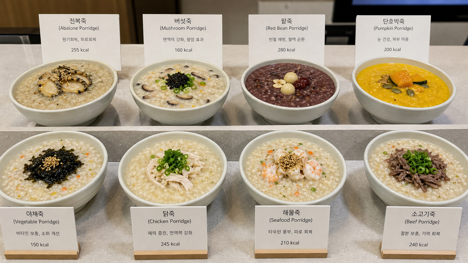 건강 효능과 칼로리가 적힌 라벨과 함께 진열된 다양한 한국식 죽