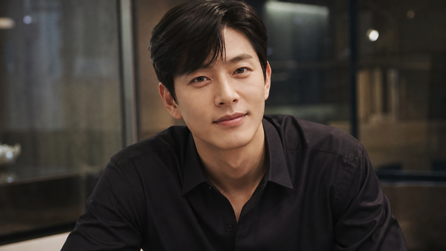 현대적이고 세련된 공간에서 카리스마 있는 외모를 뽐내는 한국 배우