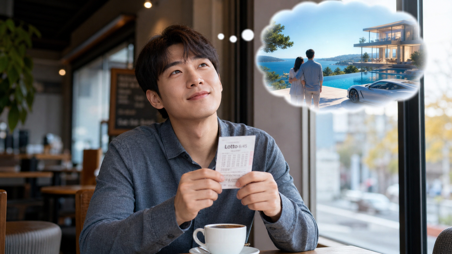 카페에서 로또 당첨을 꿈꾸며 티켓을 들고 있는 현대적인 남성