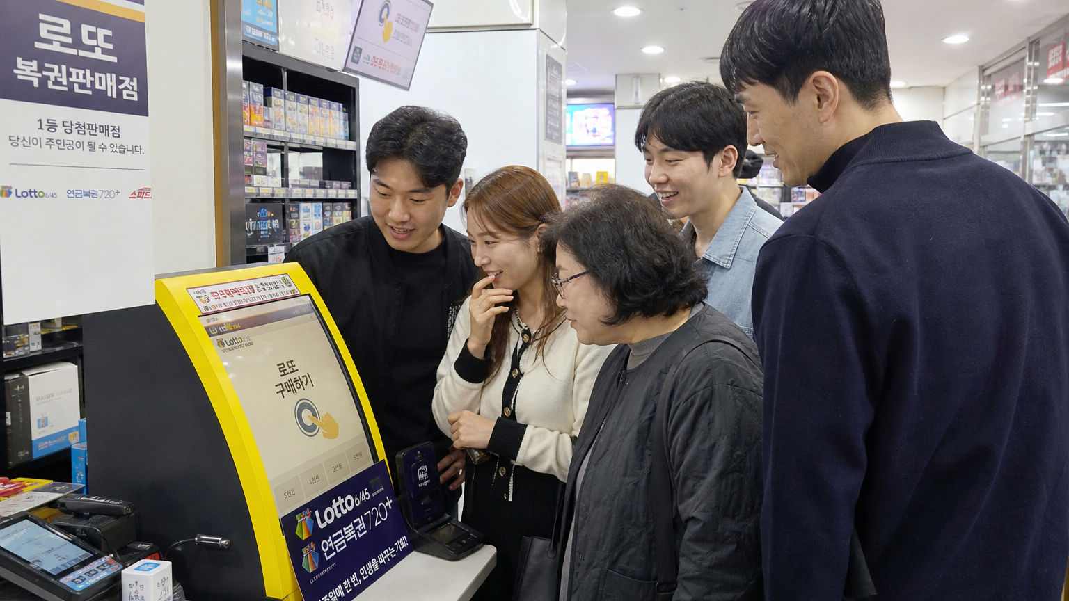 편의점에서 자동 기기를 사용해 로또를 구매하는 다양한 사람들