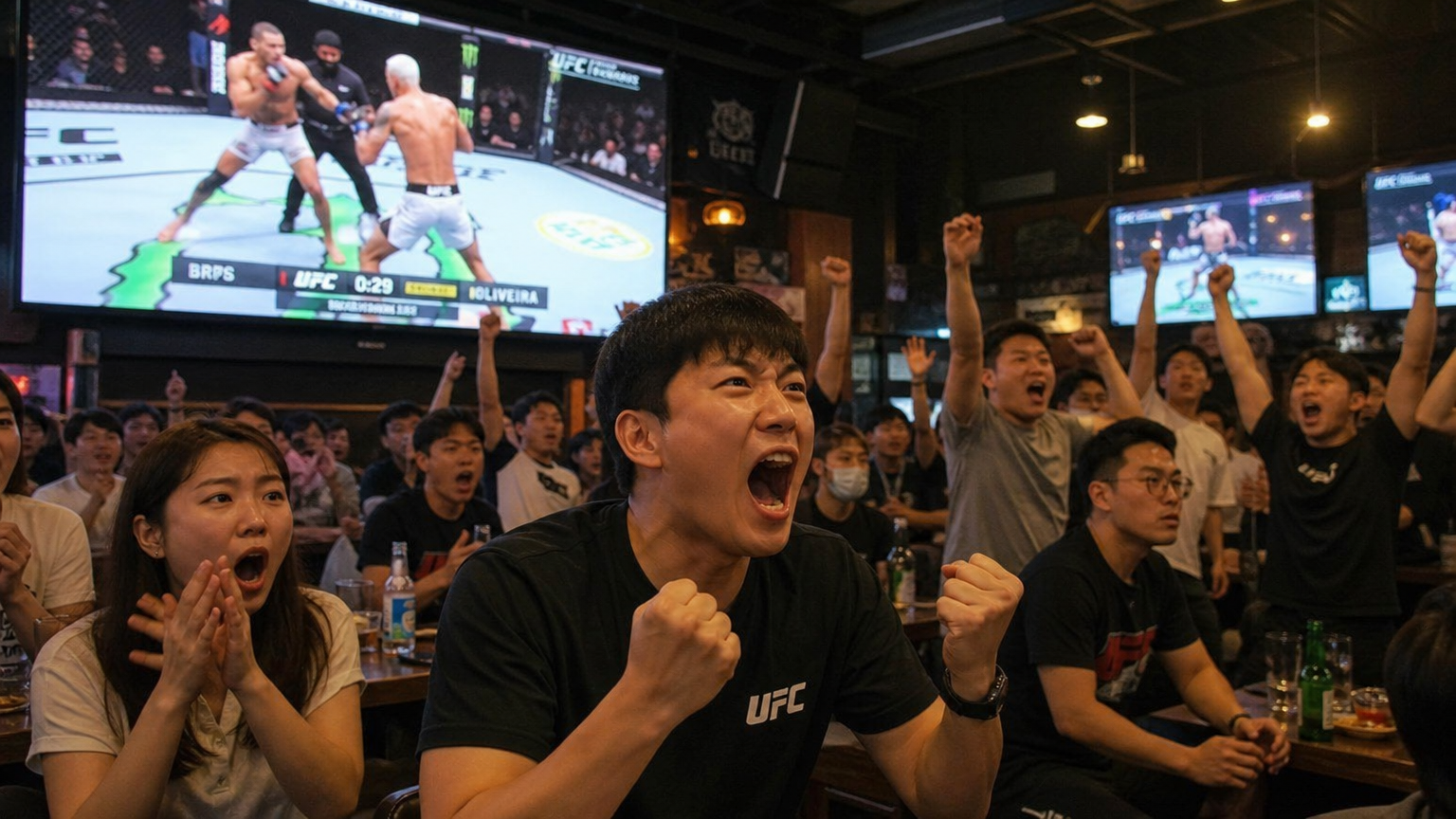 큰 스크린으로 UFC 경기를 보고 있는 격투기 팬과 열광하는 사람들