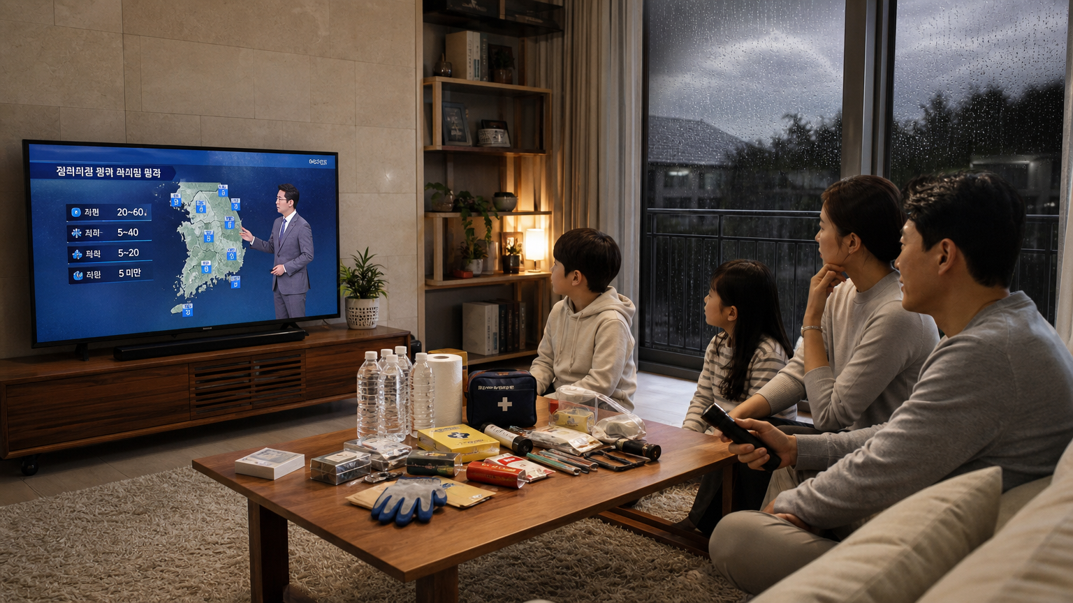 비 내리는 창밖을 보며 거실에서 날씨 예보를 확인하는 현대적 가족