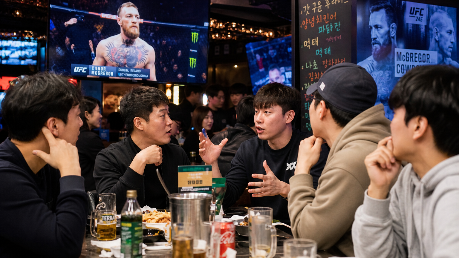 현대적인 스포츠 바에서 코너 맥그리거의 복귀전을 열렬히 토론하는 팬들