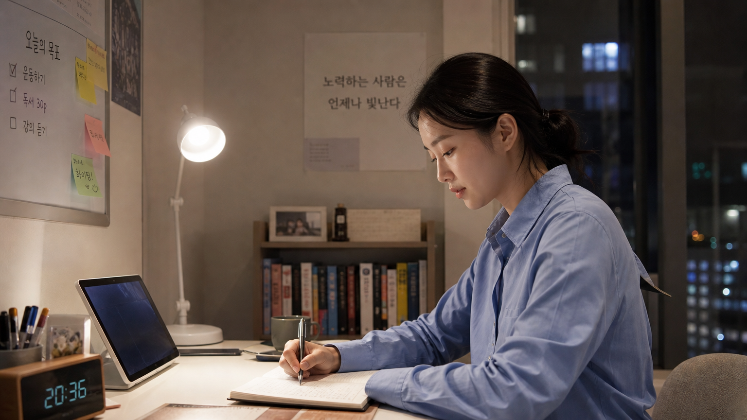 젊은 한국 신입사원이 자신의 책상에서 효율적으로 시간을 관리하며 자기계발에 집중하는 모습