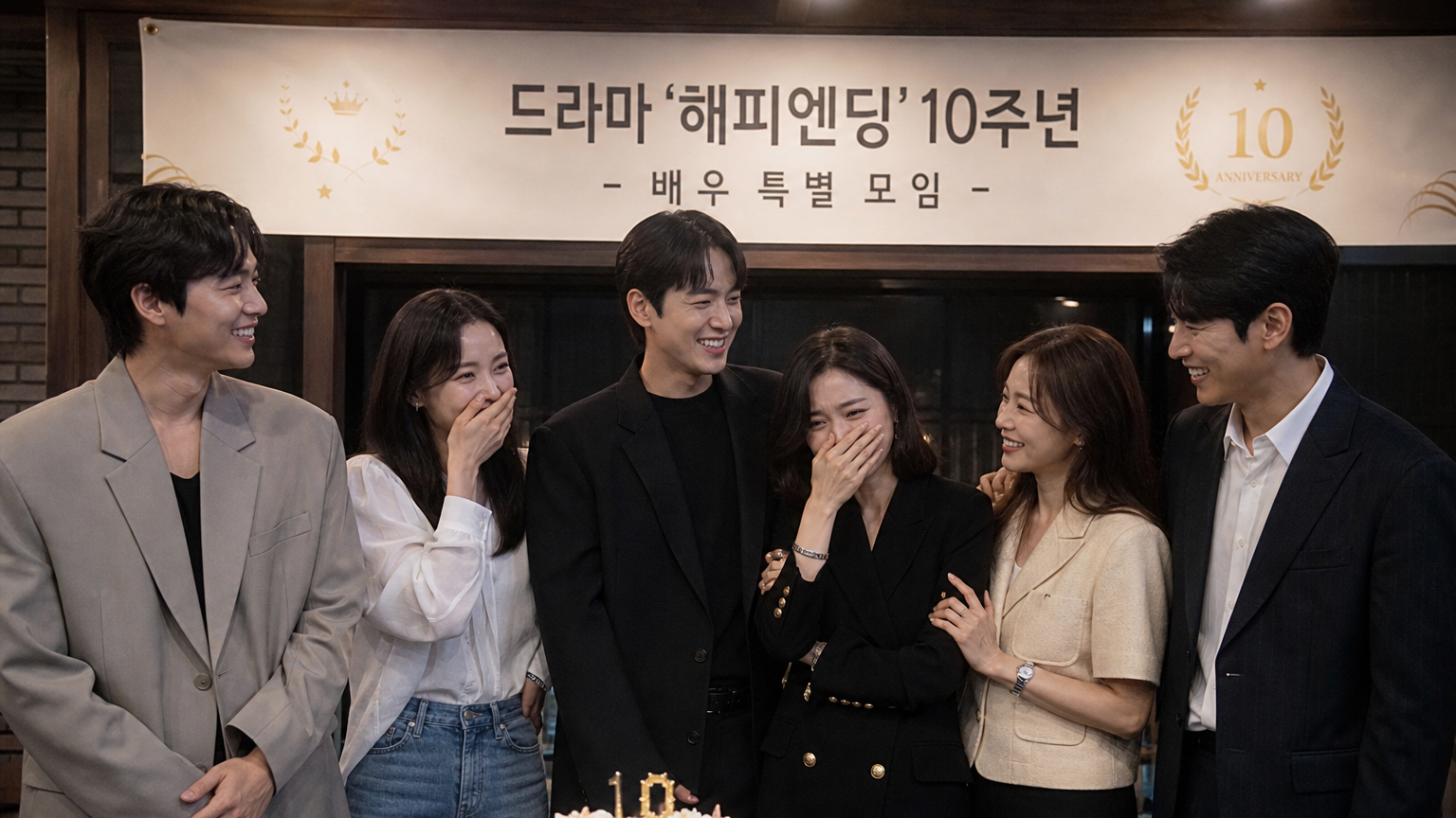 인기 드라마 시리즈의 10주년 기념으로 모인 배우들이 실내에서 감정과 향수를 느끼는 장면
