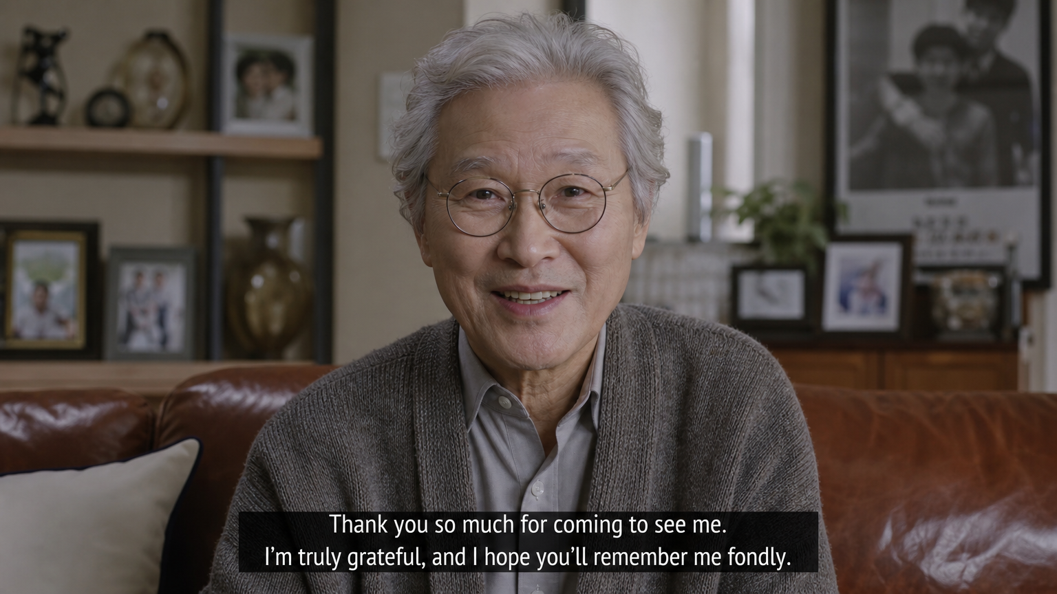 고령의 한국 배우가 팬들에게 감사와 미래를 위한 바람을 표현하며 감정적인 재회 자리에서 비디오 메시지를 전달하는 모습