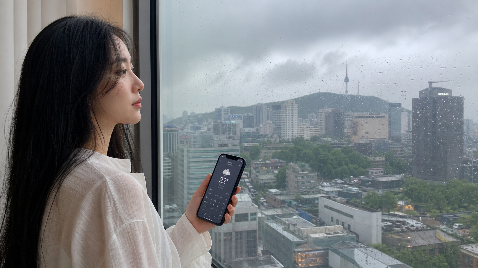 창문 밖 비 내리는 서울을 바라보며 날씨 앱을 확인하는 여성