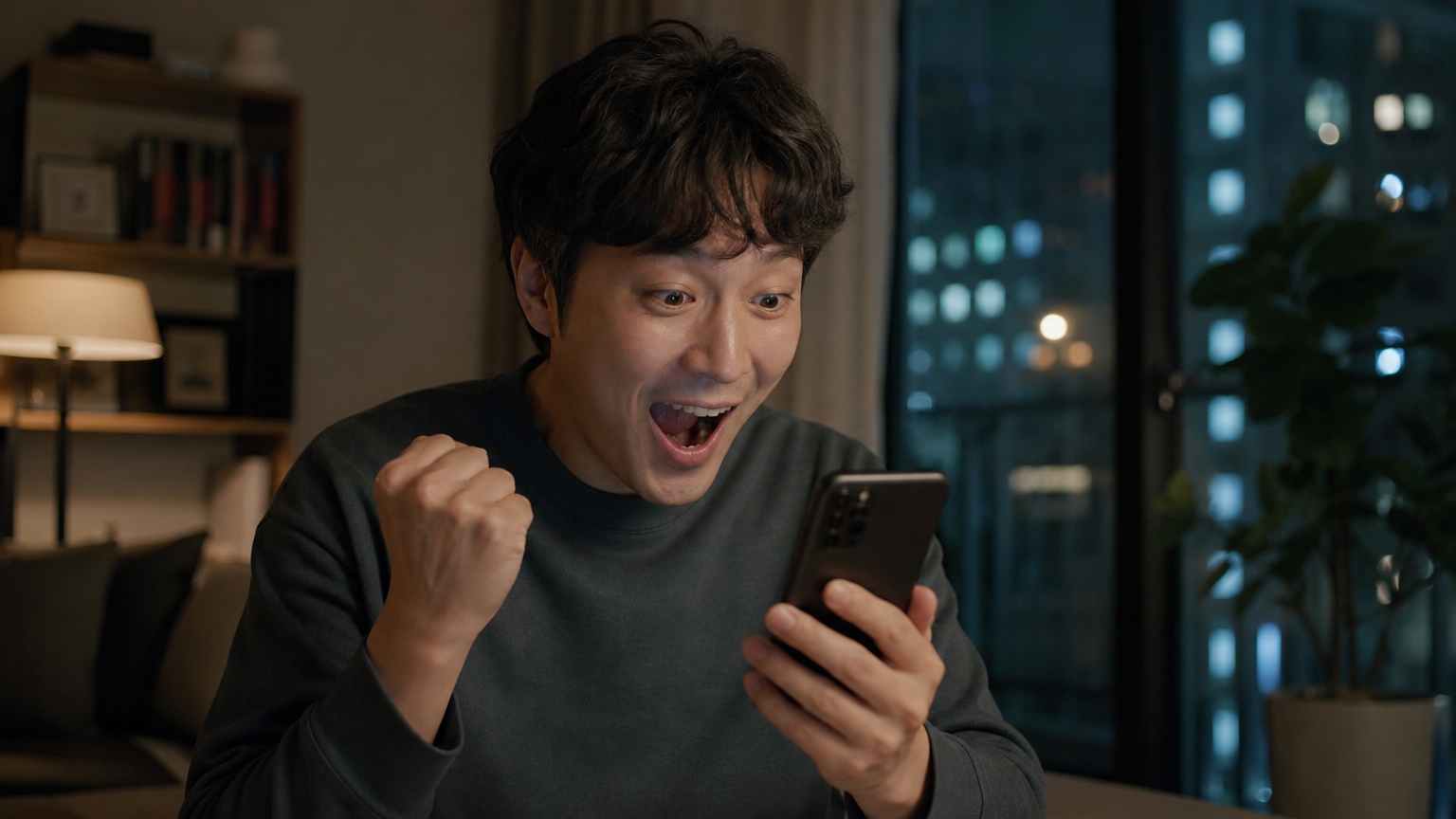 한국 남성이 스마트폰으로 로또 번호를 확인하며 흥분된 표정을 짓고 있는 모습
