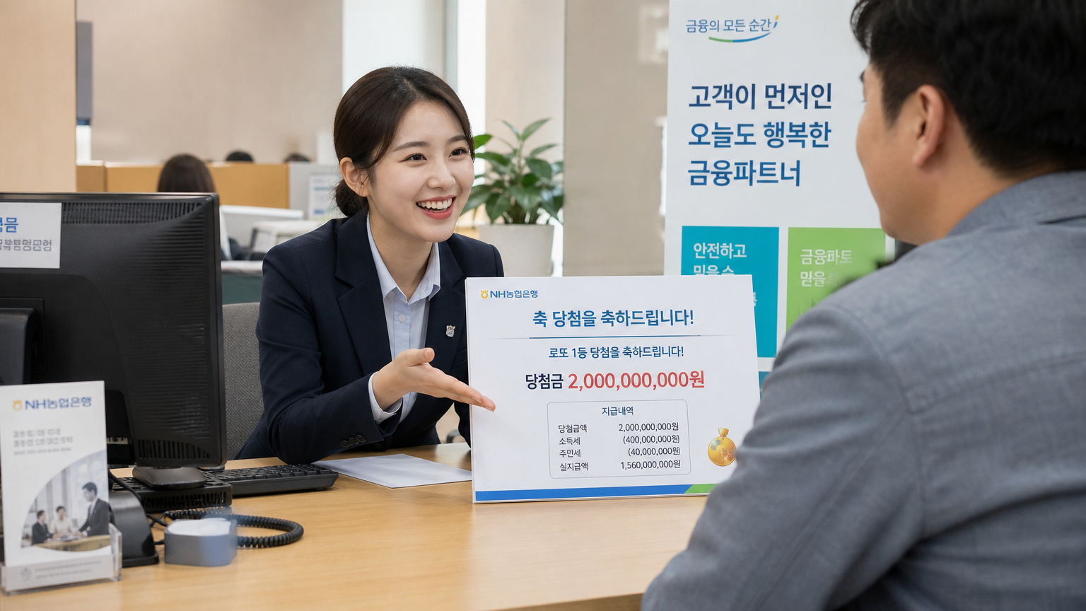 은행 사무실에서 은행원이 행운의 당첨자에게 로또 상금을 설명하는 모습