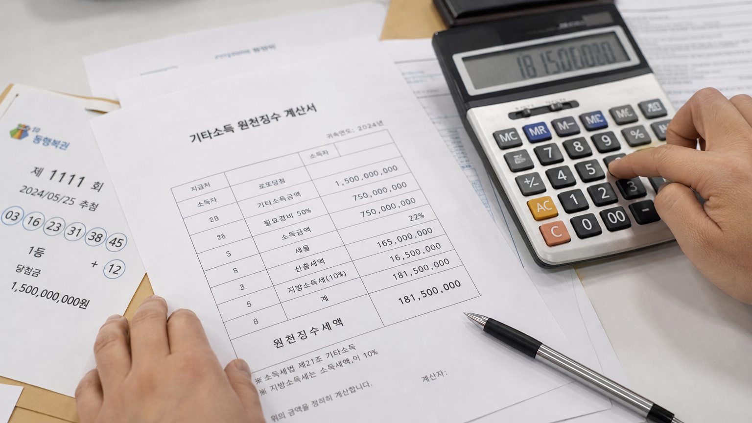 책상 위에서 손으로 금융 서류와 계산기를 이용해 복권 상금에 대한 세금을 계산하는 모습