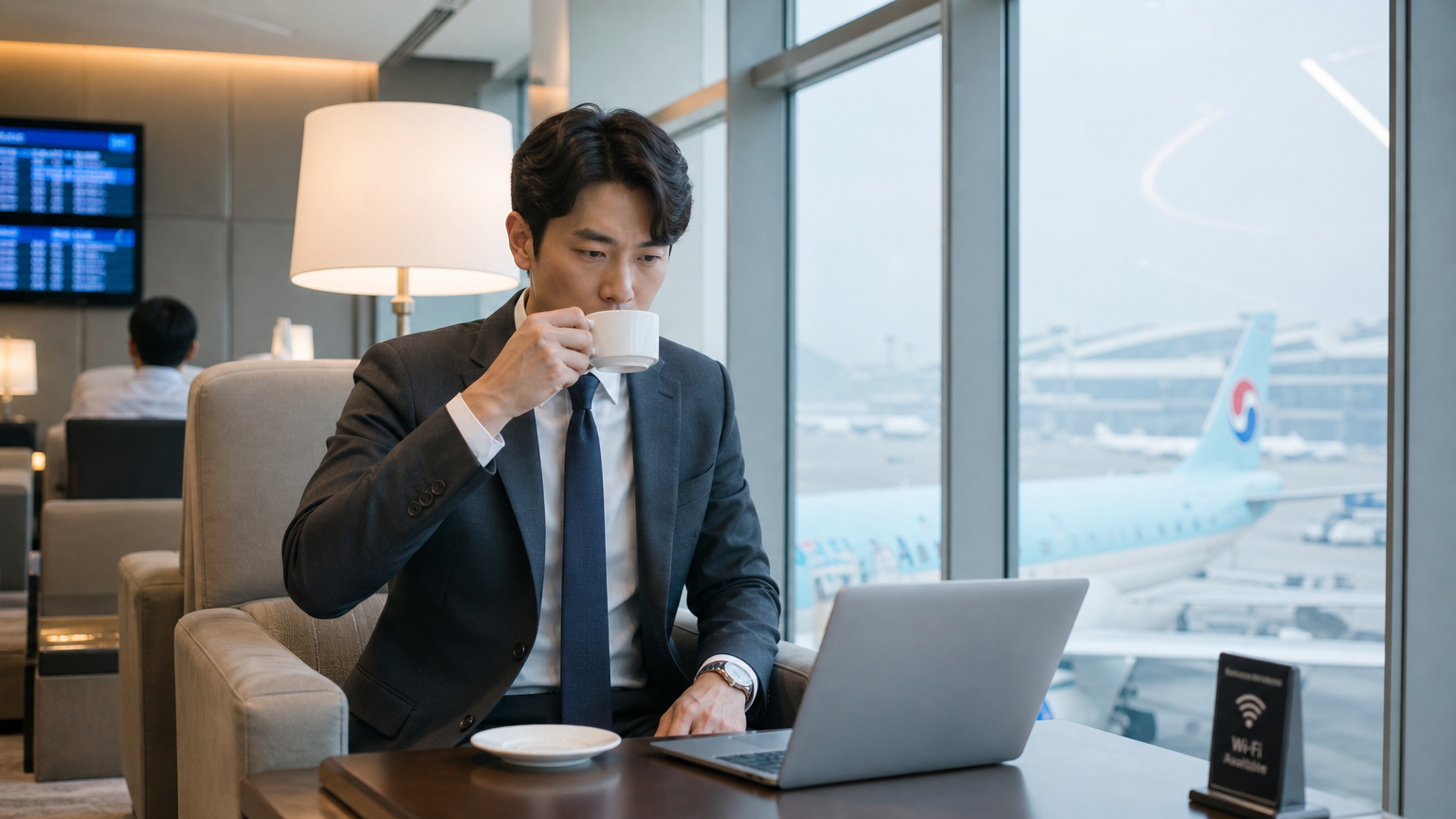 공항 라운지에서 노트북으로 비행 상태를 확인하며 커피를 마시는 비즈니스맨