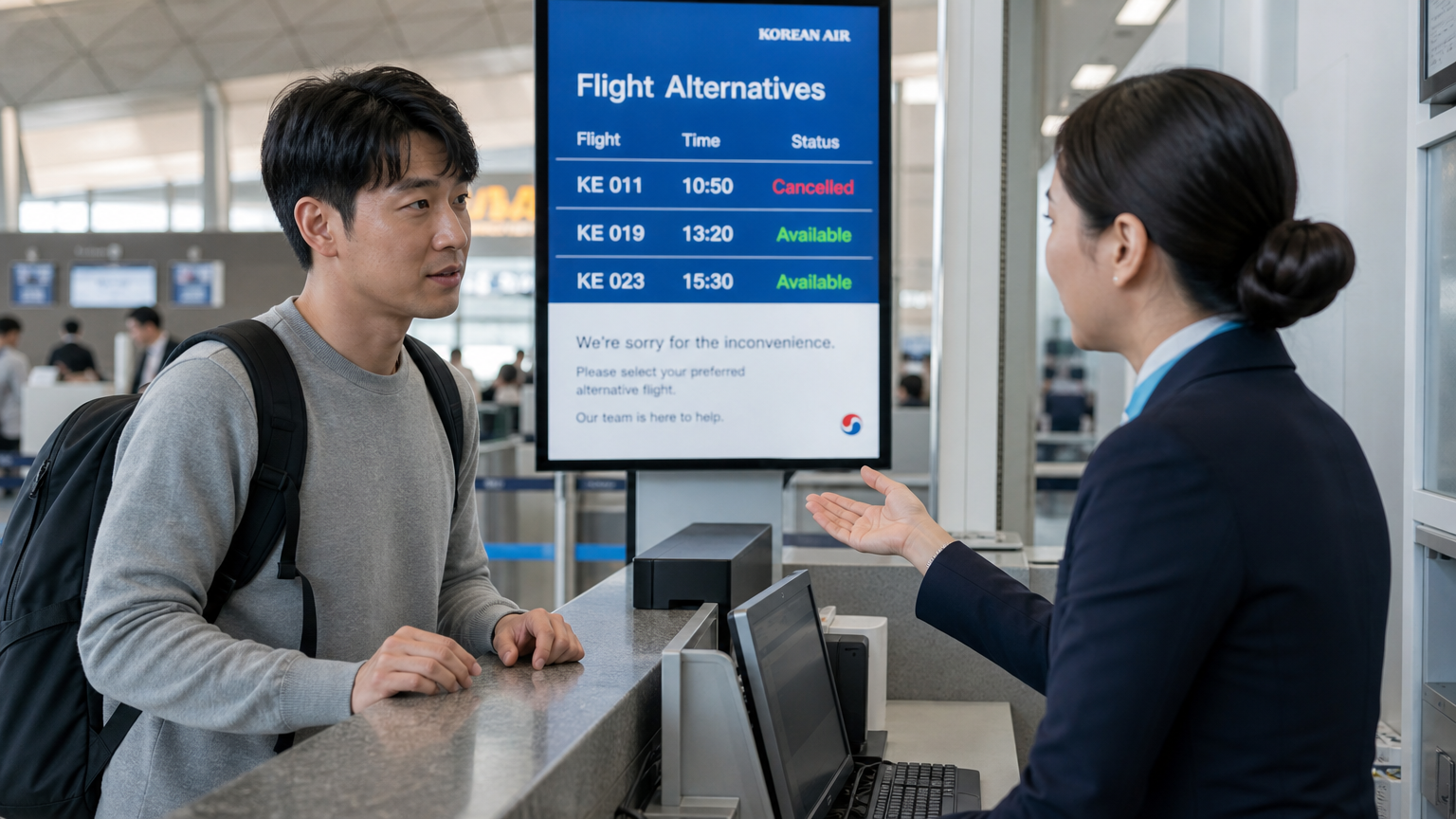 공항 카운터에서 대체 항공편을 상담하는 차분한 여행객과 직원의 모습