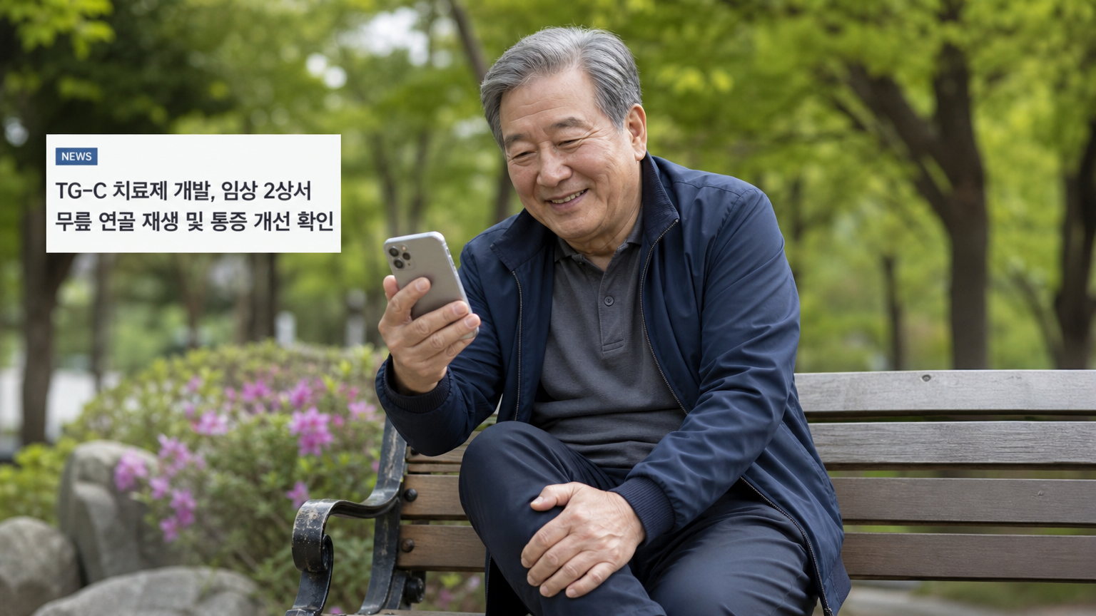 공원 벤치에 앉아 무릎 통증을 겪는 노인이 스마트폰으로 TG-C 치료제 관련 소식을 읽으며 희망적인 표정을 짓고 있는 모습