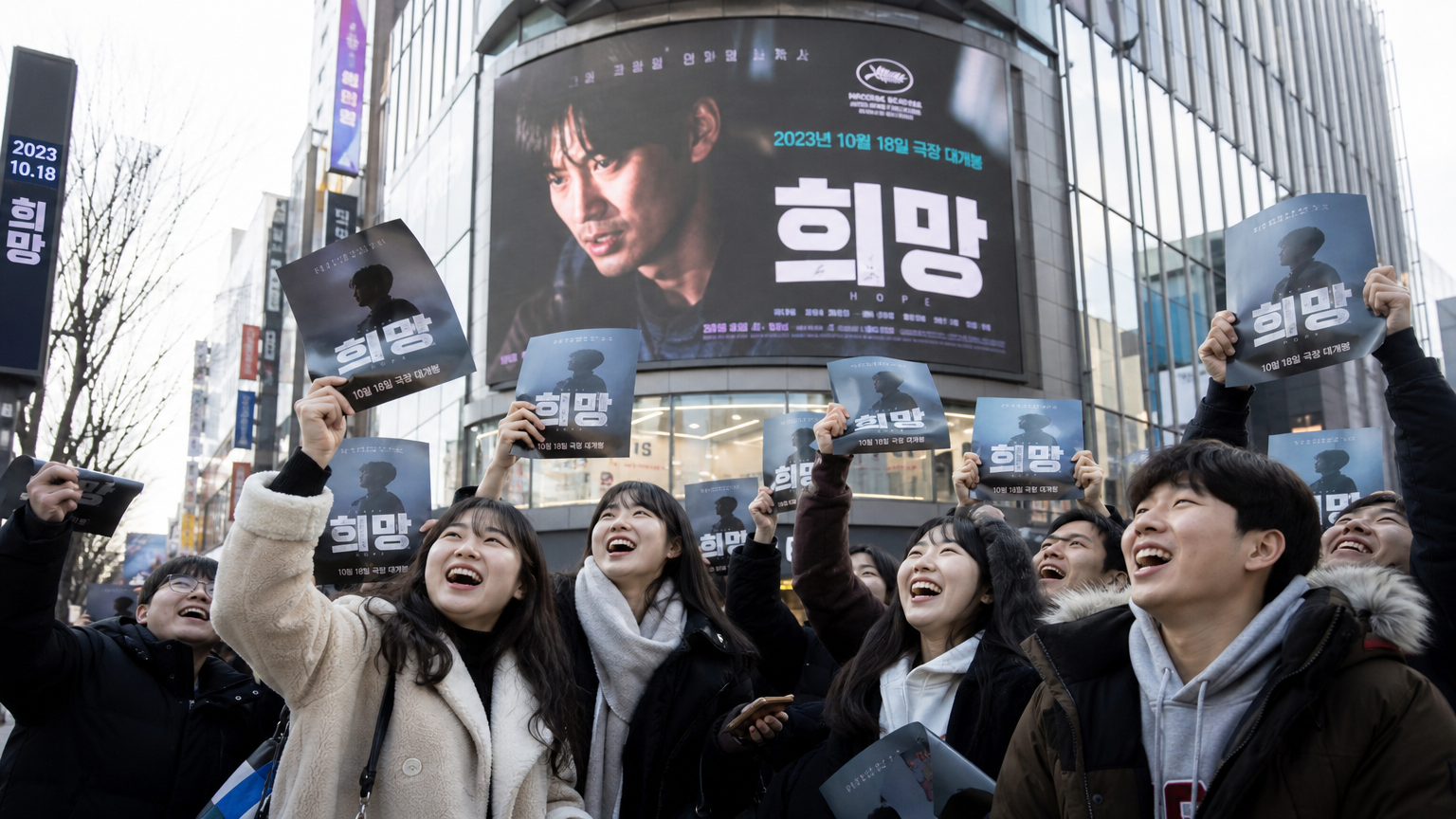 도시 전경 속에서 영화 '호프' 개봉을 손꼽아 기다리는 한국 관객들의 설레는 모습