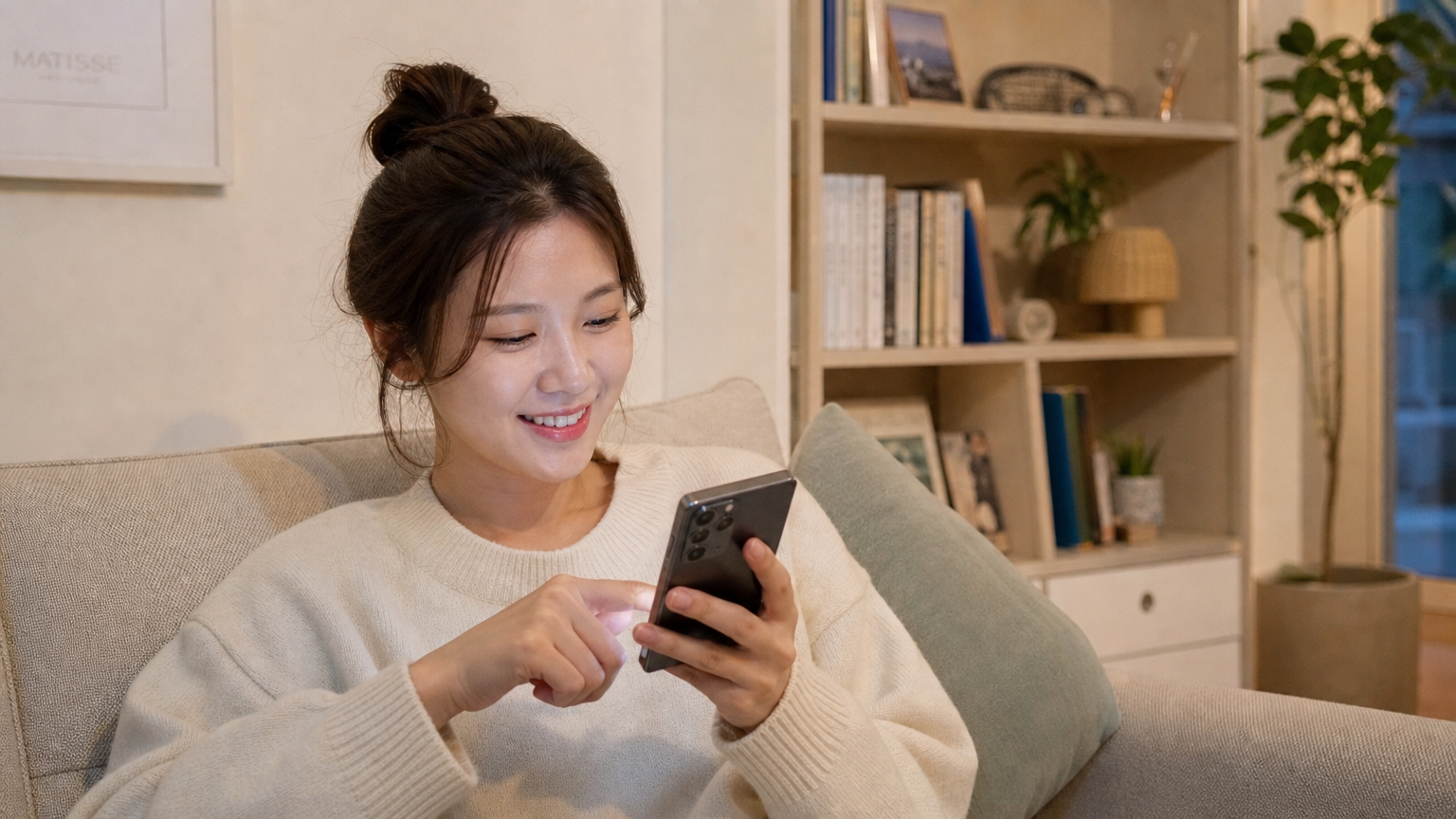 집에서 스마트폰으로 영화 티켓을 예약하는 젊은 여성의 모습
