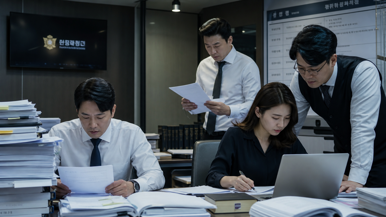 한국 법률팀이 항소를 준비하며 집중하는 기업 법률 사무실 풍경