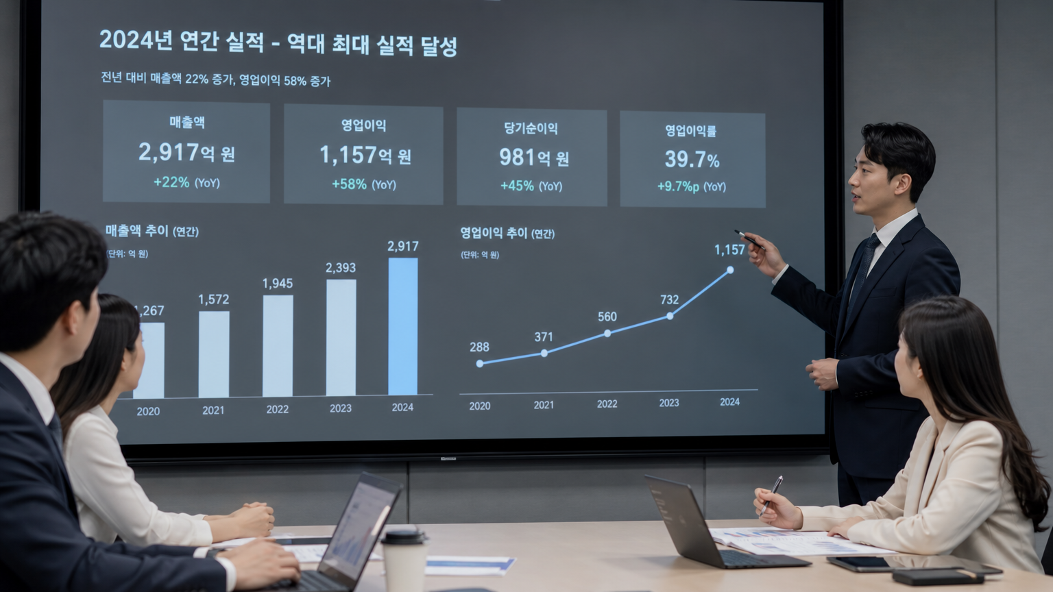 회의실에서 재무 차트를 보며 회사 실적을 논의하는 비즈니스 분석가들