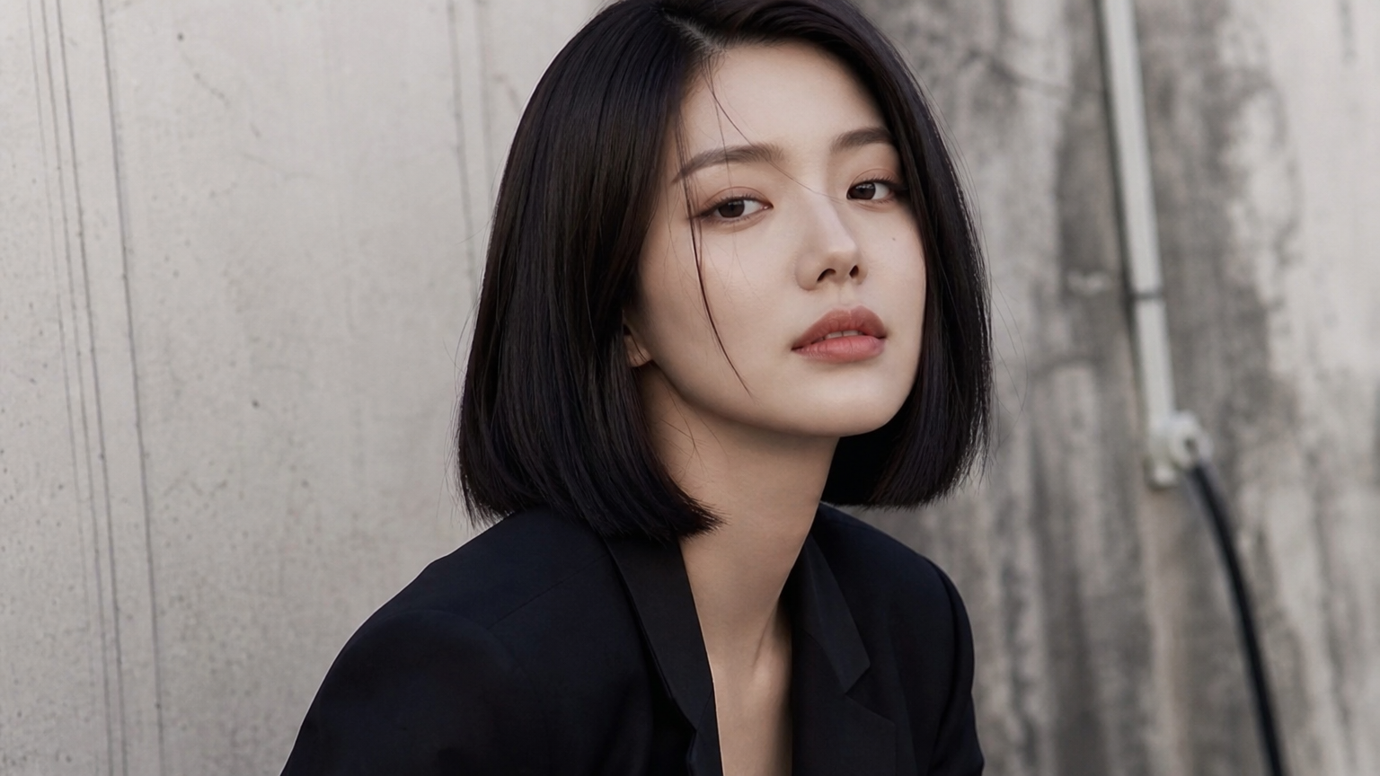 세련된 어깨 길이의 단발 스타일로 도회적 매력을 선보이는 현대적인 여배우