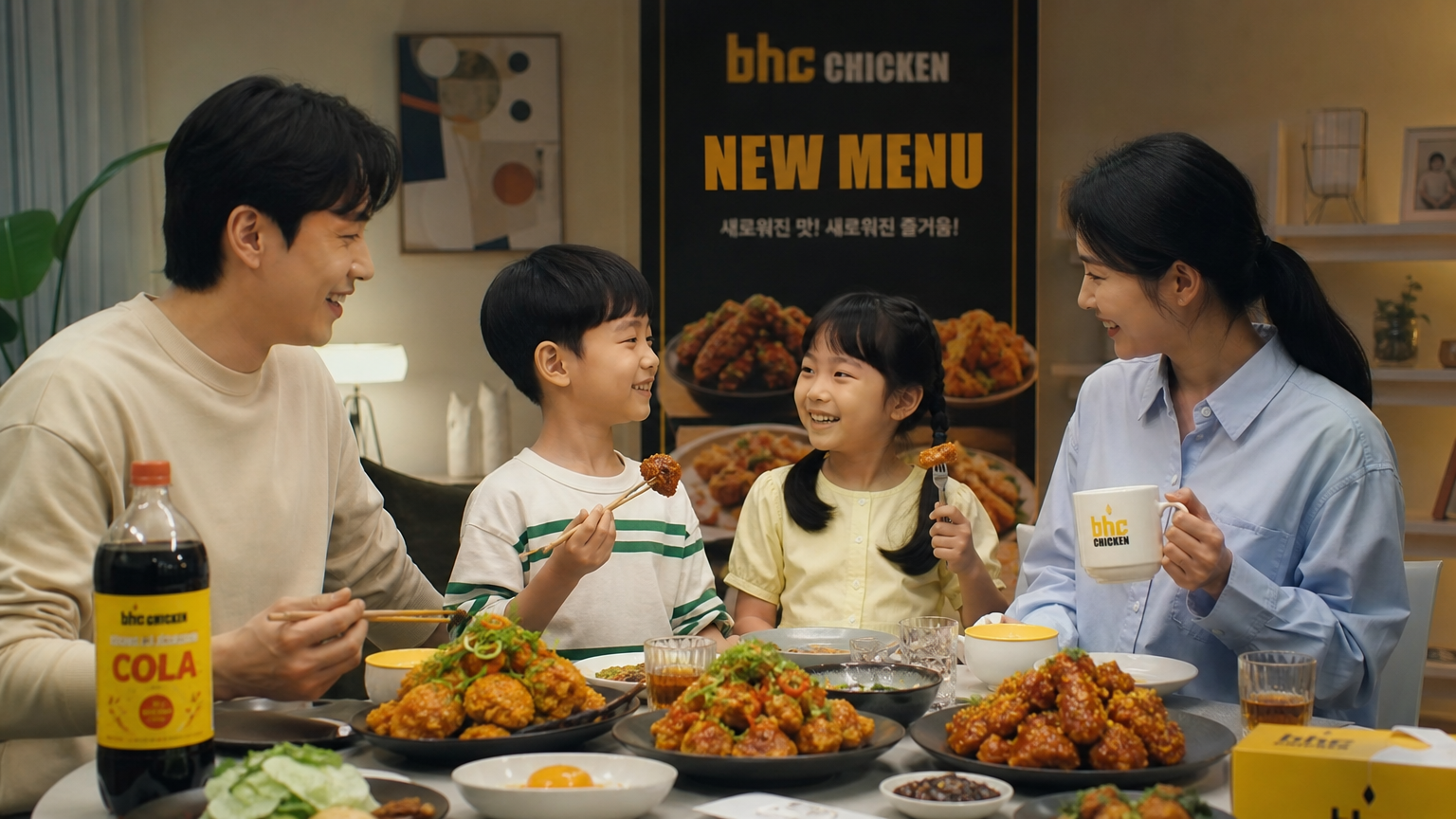 현대적인 한국 가족이 식탁에서 새로운 BHC 치킨 메뉴를 즐기는 모습