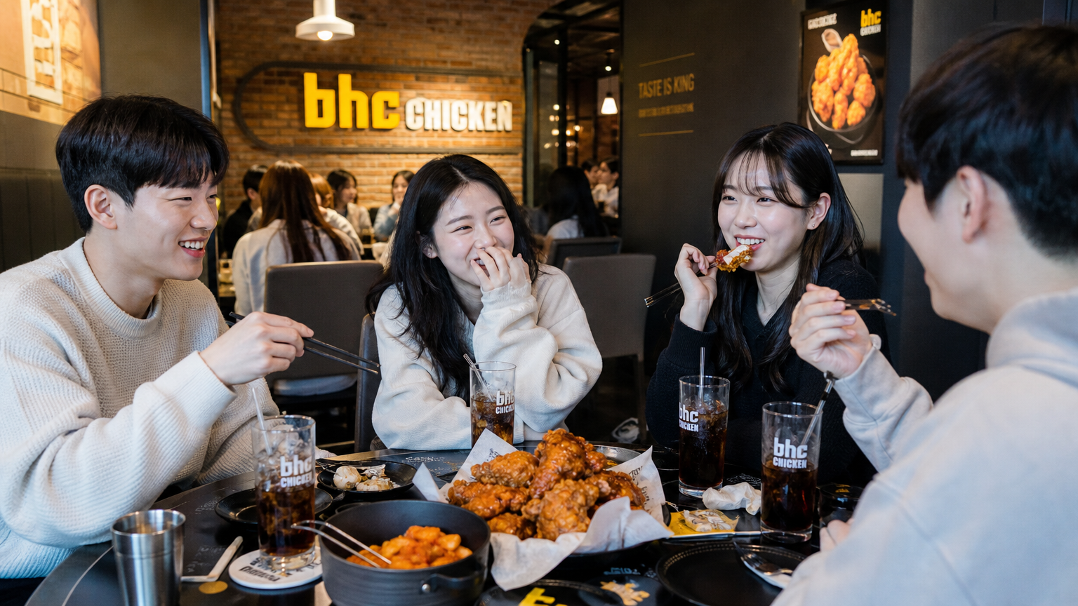 젊은이들이 카페에서 매운맛 치킨을 즐기는 활기찬 분위기