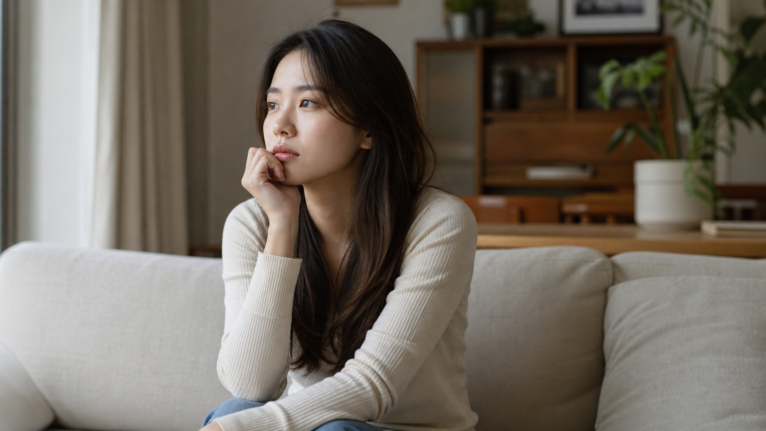 거실에서 과거의 사랑을 회상하며 생각에 잠긴 여성