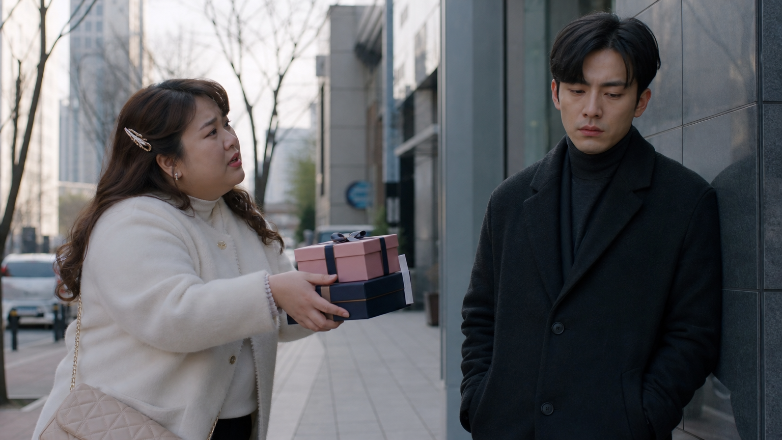 현대 도시에서 선물을 주는 여성과 무관심한 남성의 긴장감 있는 모습