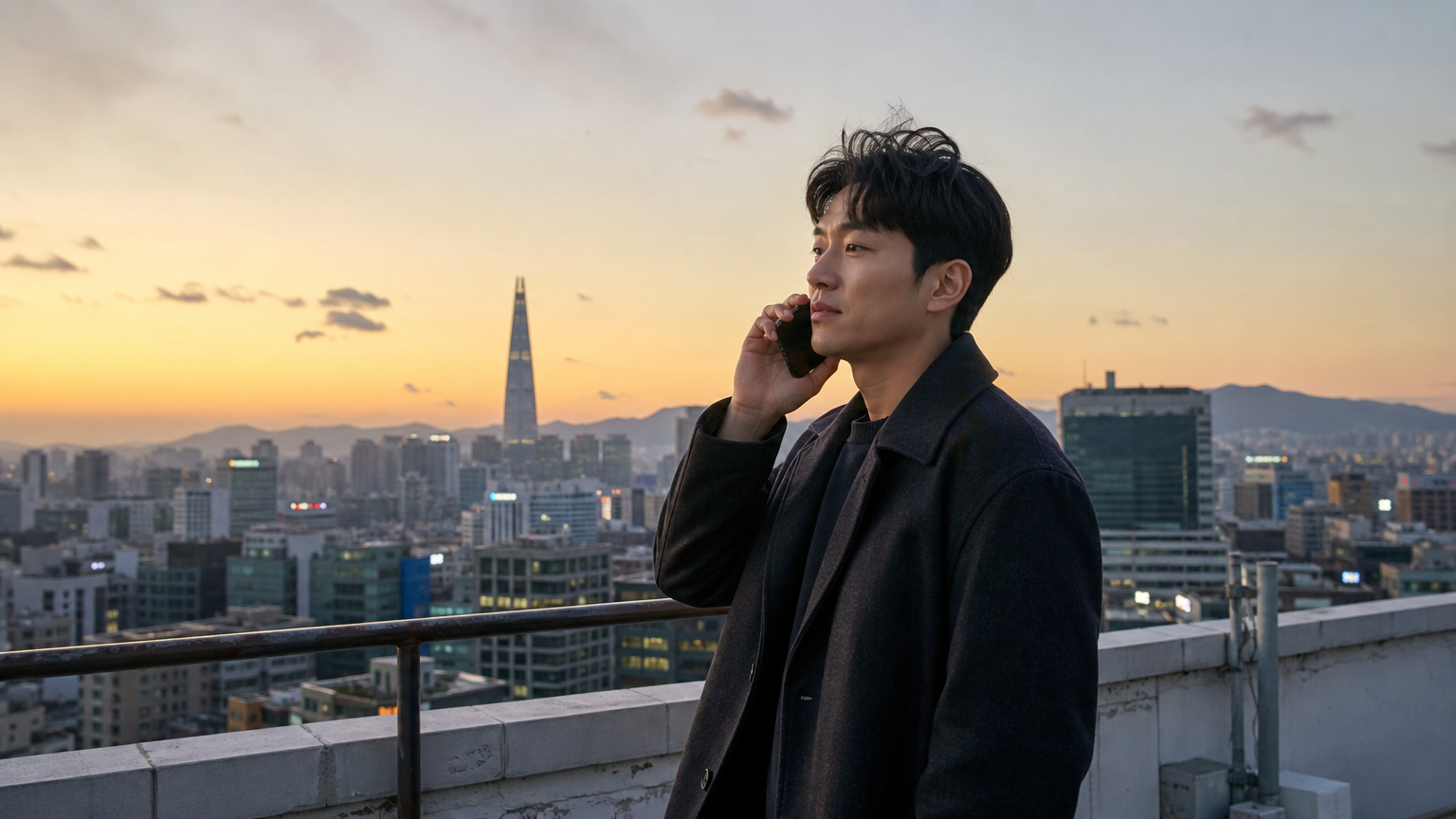 서울 스카이라인을 배경으로 전화하는 남성의 깊은 표정