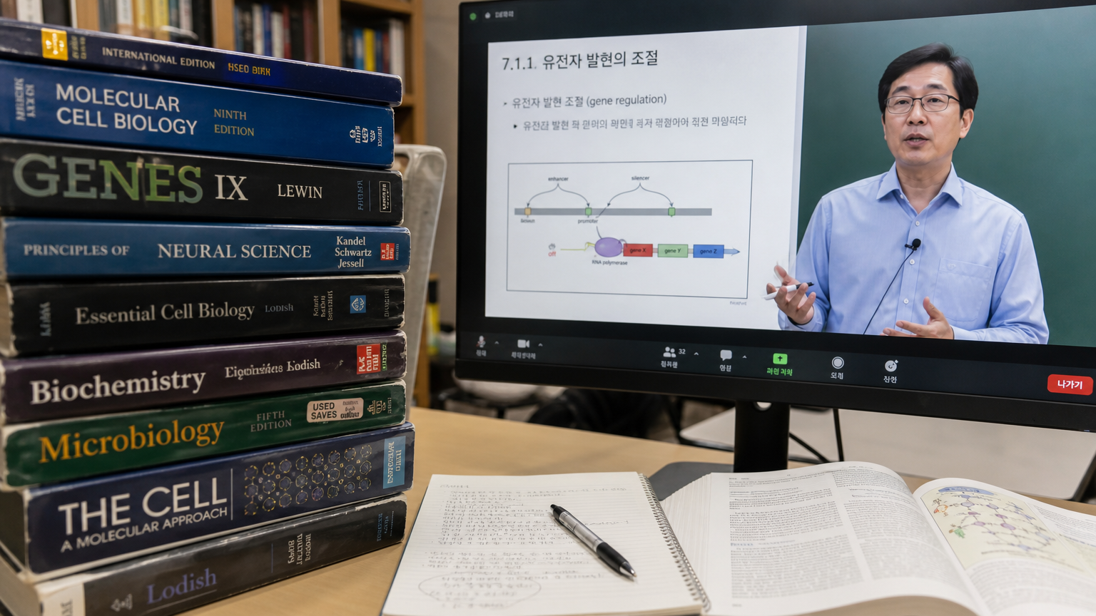 두꺼운 생명과학 교재가 쌓여 있는 책상에서 온라인 강의를 통해 학생들에게 개념을 설명하는 한국 선생님