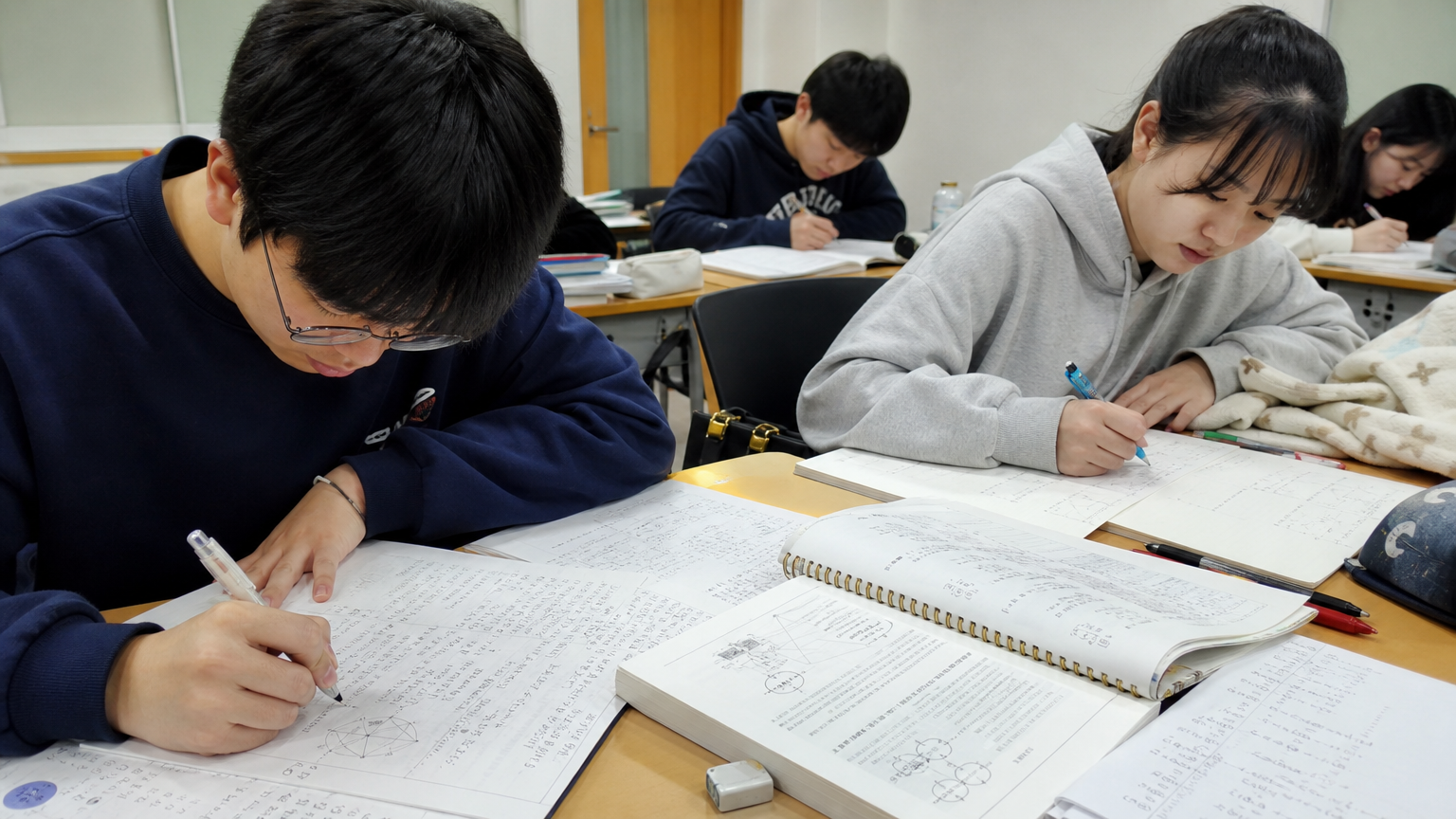 독창적인 문제 해결 기법으로 복잡한 생물 문제를 풀이하는 교실의 학생들