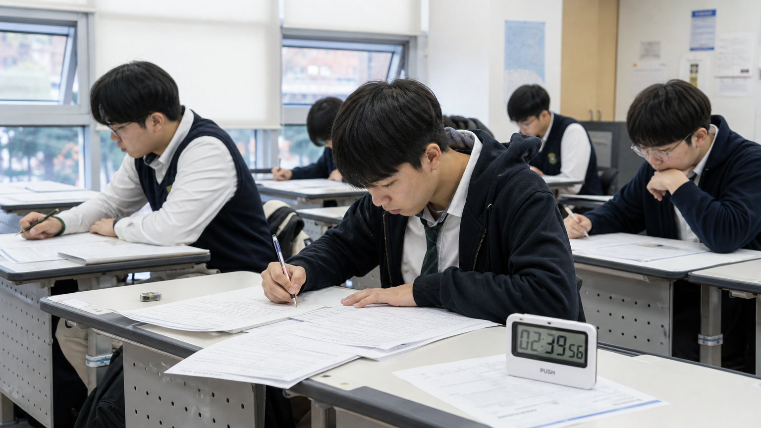 밝은 학습 환경에서 시험지를 펼쳐놓고 시간 제한 모의고사를 연습하는 학생들