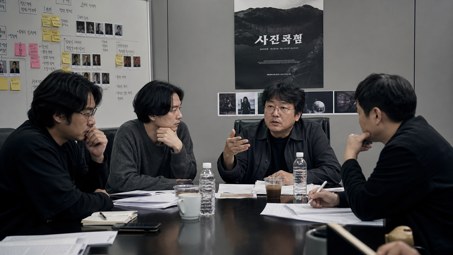 한국 영화 제작자들이 회의실에서 민감한 주제의 영화 각색을 논의하는 모습