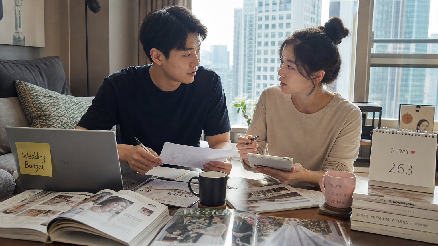 신혼부부가 도시 아파트에서 결혼 예산을 계획하며 고민하는 모습
