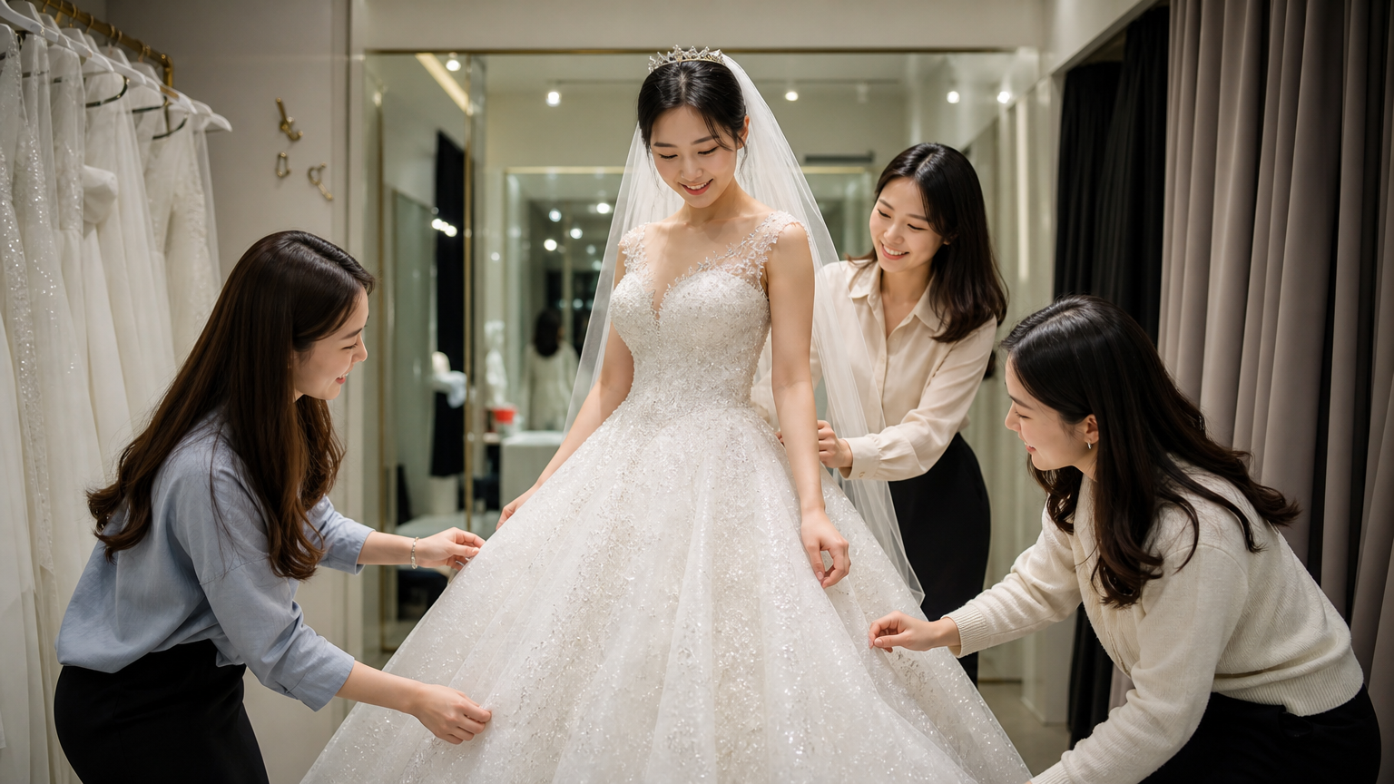 친구들과 함께 드레스 대여점에서 드레스를 입어보는 신부