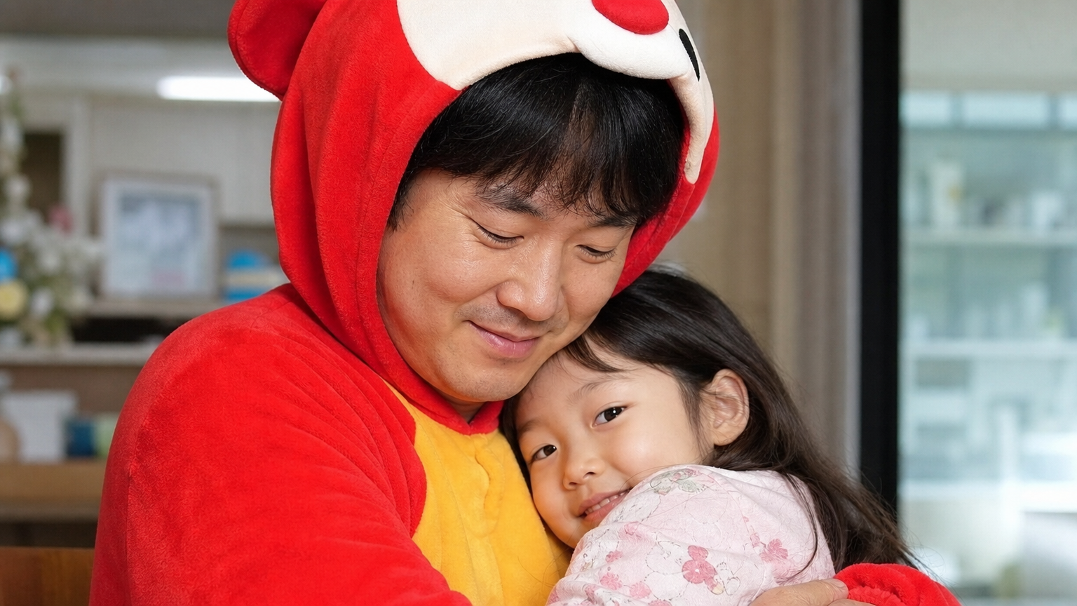 코코몽 탈을 쓴 아빠가 딸과 함께 집에서 다정하게 웃으며 포옹하는 장면