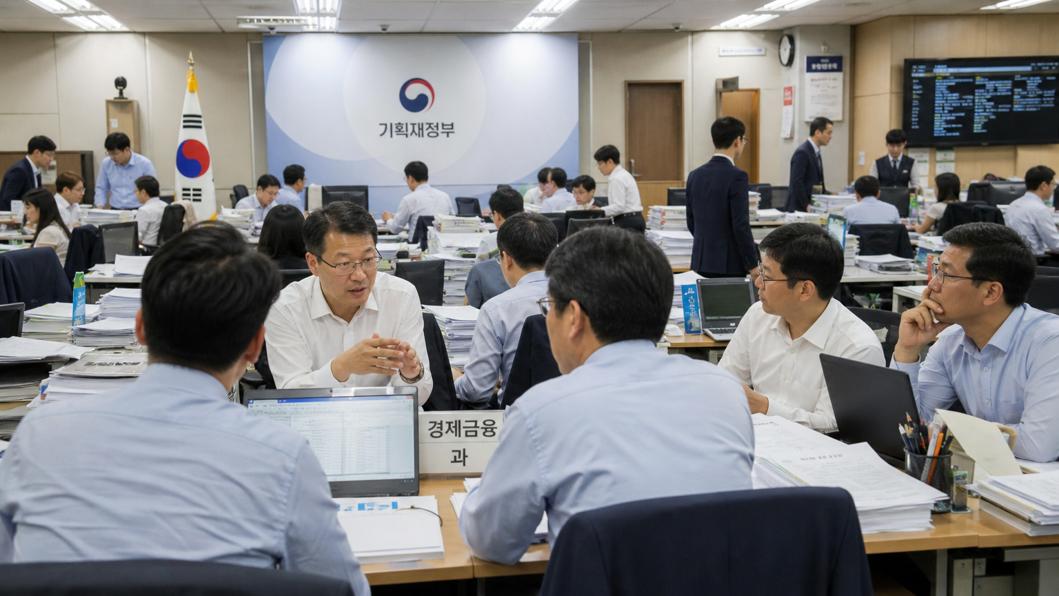 서울의 바쁜 정부 사무실에서 경제 정책을 논의 중인 공무원들