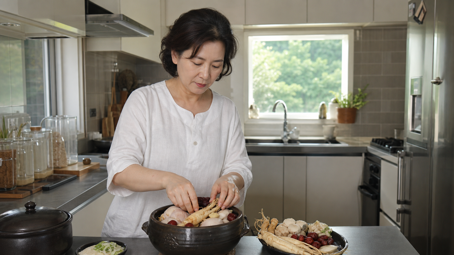 한여름 더위에 건강식을 준비하는 한국 여성의 주방 모습