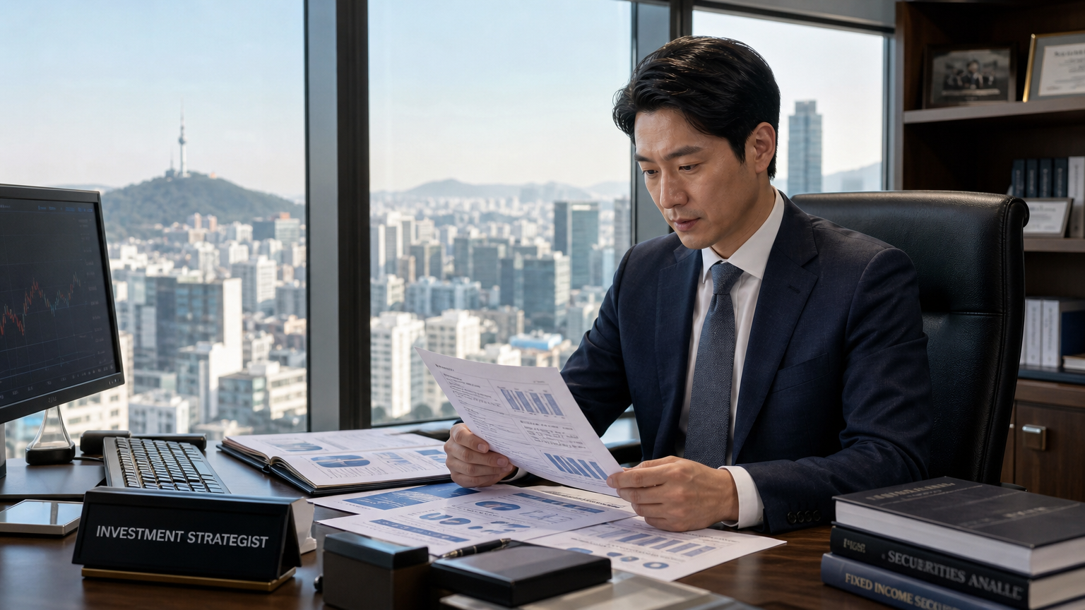 서울 스카이라인이 내려다보이는 고급 금융 사무실에서 외국인 투자 보고서를 검토하는 재정 상담사