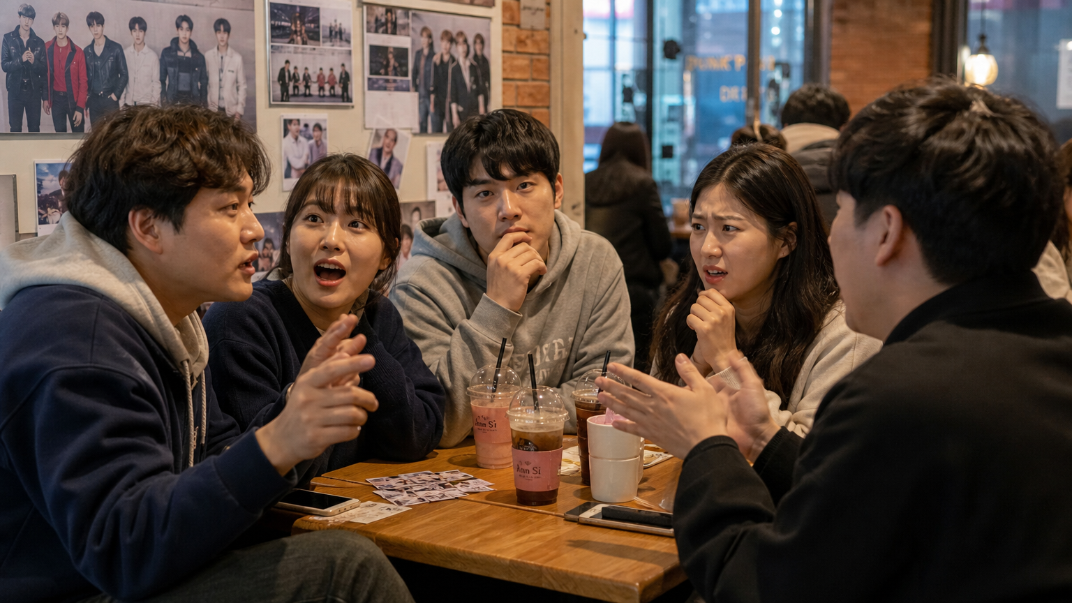 카페에서 다양한 표정으로 논의 중인 팬들