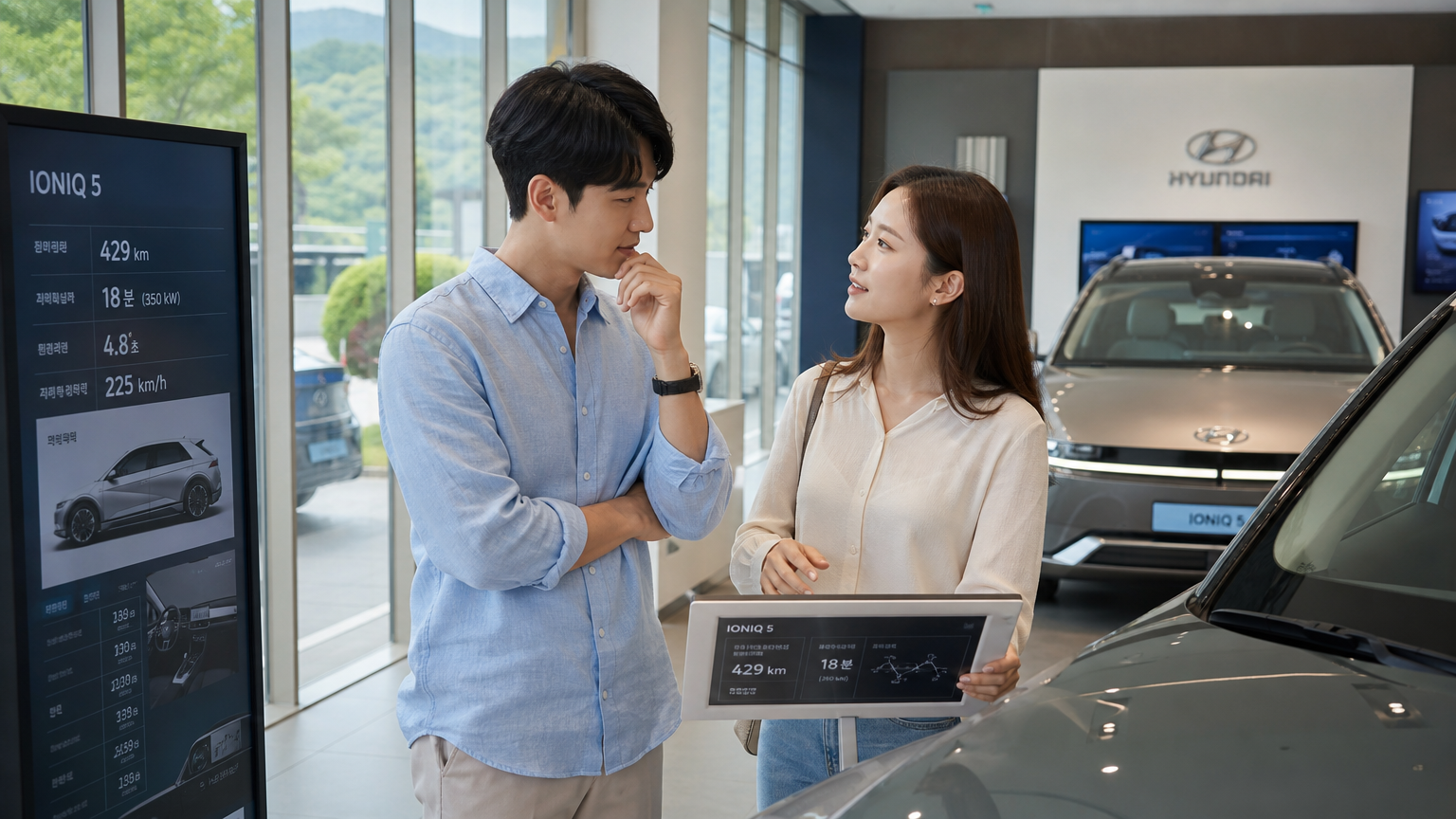 현대적인 커플이 전기차 매장에서 차량 주행거리와 충전 시간에 대해 논의하는 모습