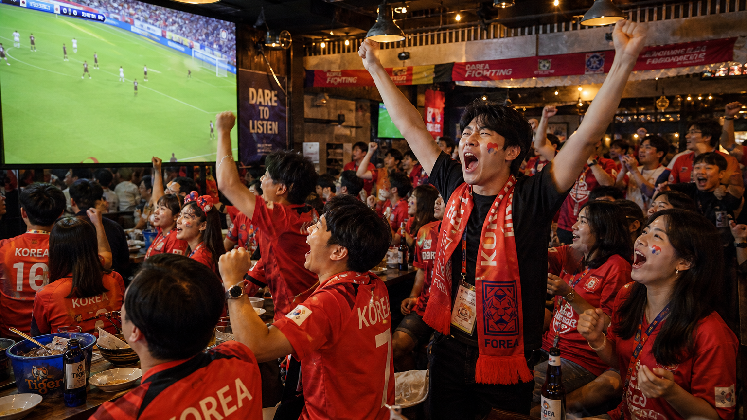 월드컵 경기를 큰 화면으로 시청하며 열광하는 축구팬들