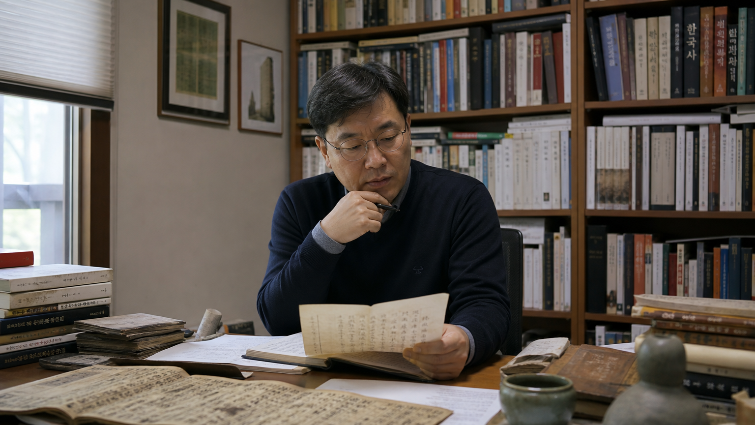 역사 책으로 가득한 서재에서 과거의 문서와 유물을 연구하는 현대 한국인 역사학자의 모습