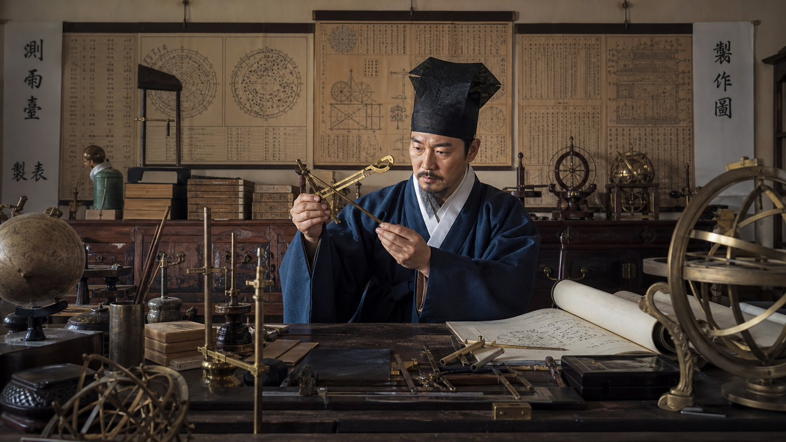 과학 도구가 가득한 작업장에서 천문 기구를 만드는 조선 시대 한국인 과학자의 모습