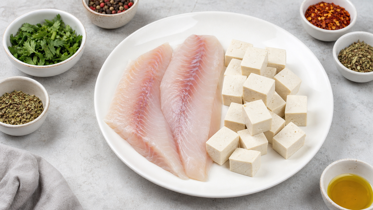 생선 필레와 두부 등 다양한 단백질 음식이 깔끔하게 배치된 접시