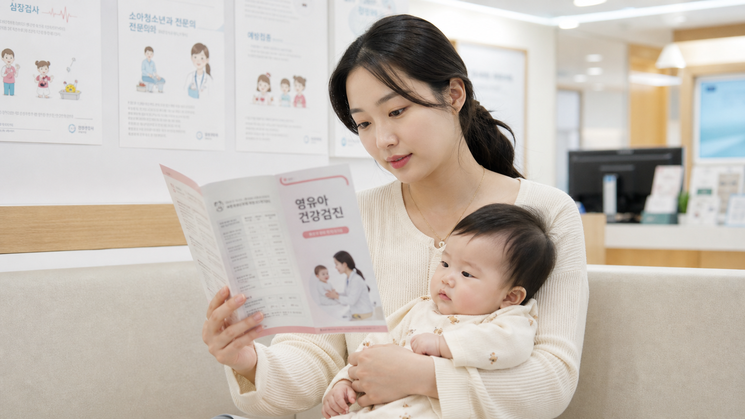소아과 진료실에서 영유아 건강 검진 정보를 읽고 있는 젊은 어머니