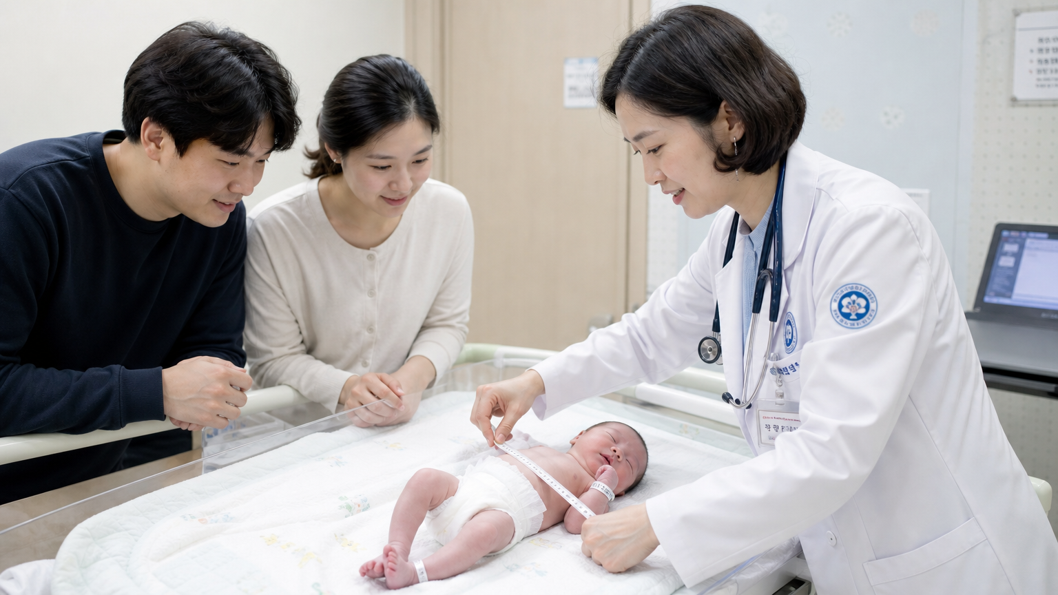 병원에서 한국인 소아과 의사가 신생아를 검사하는 모습