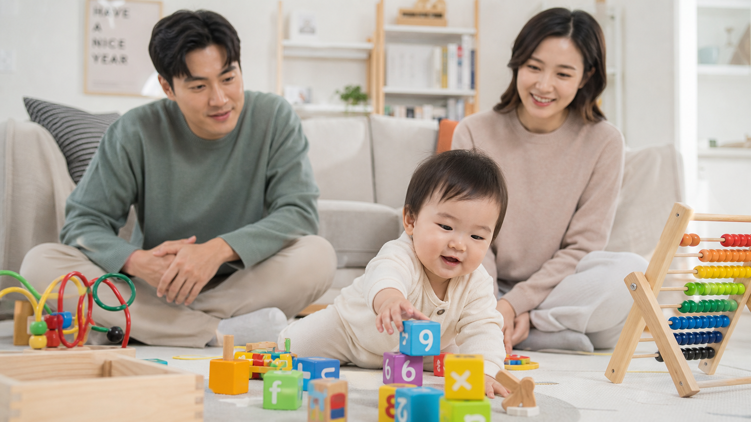 거실에서 장난감을 가지고 노는 아기를 지켜보는 부모
