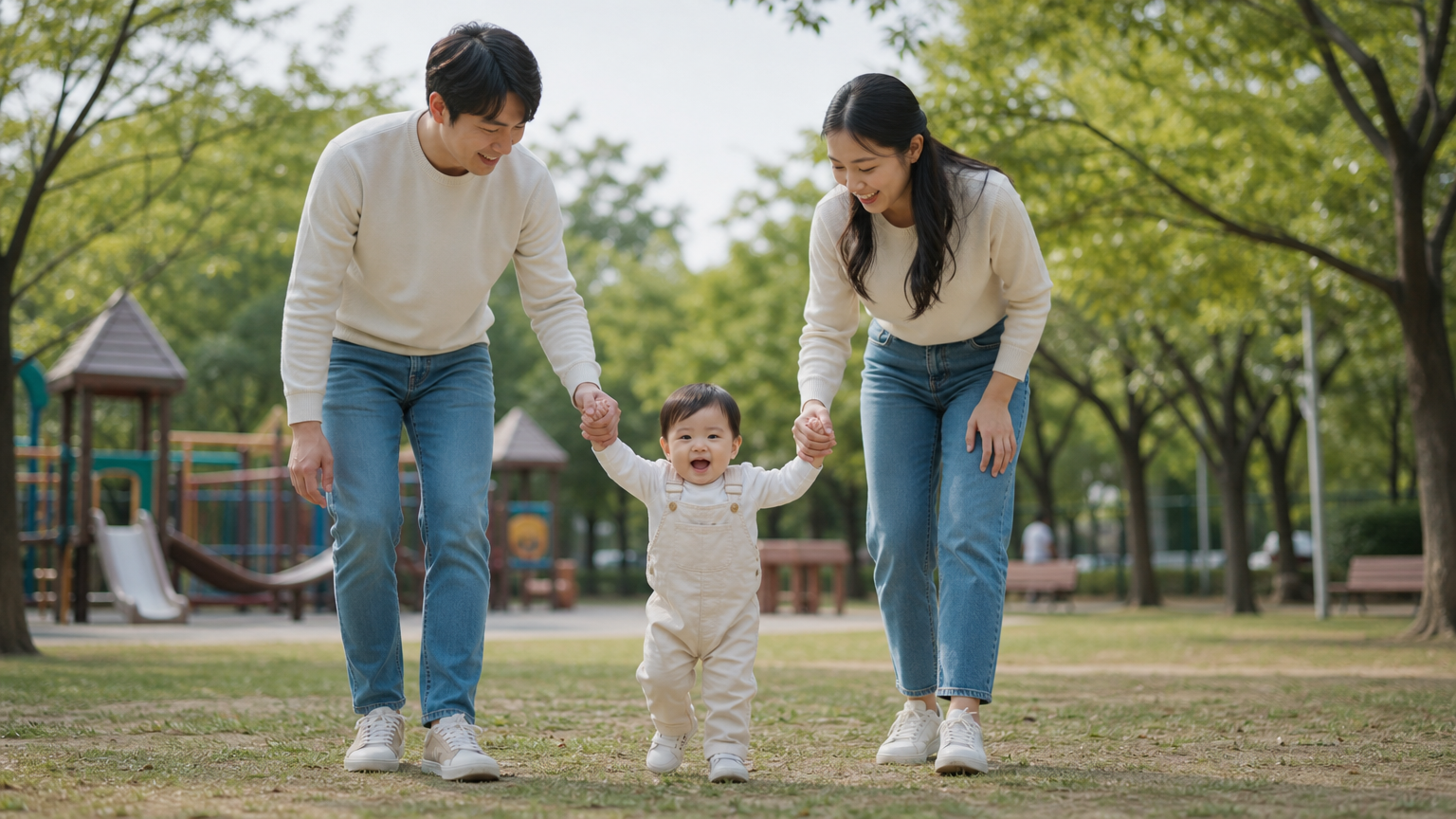 공원에서 첫걸음을 떼는 아기를 도와주는 부모의 모습