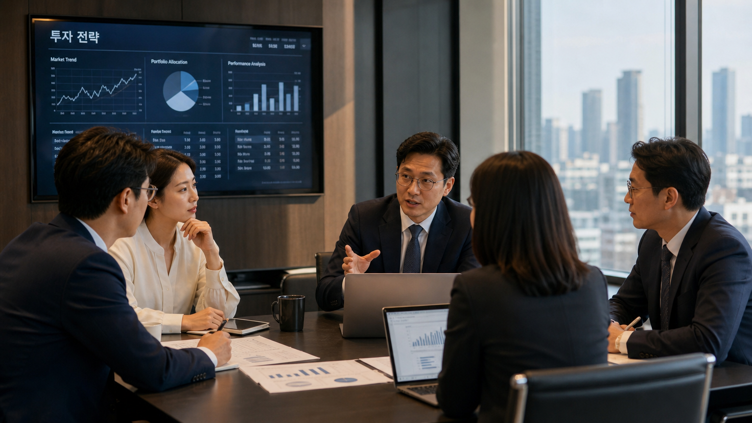 회의실에서 차트와 노트북으로 투자 전략을 논의하는 비즈니스 전문가들