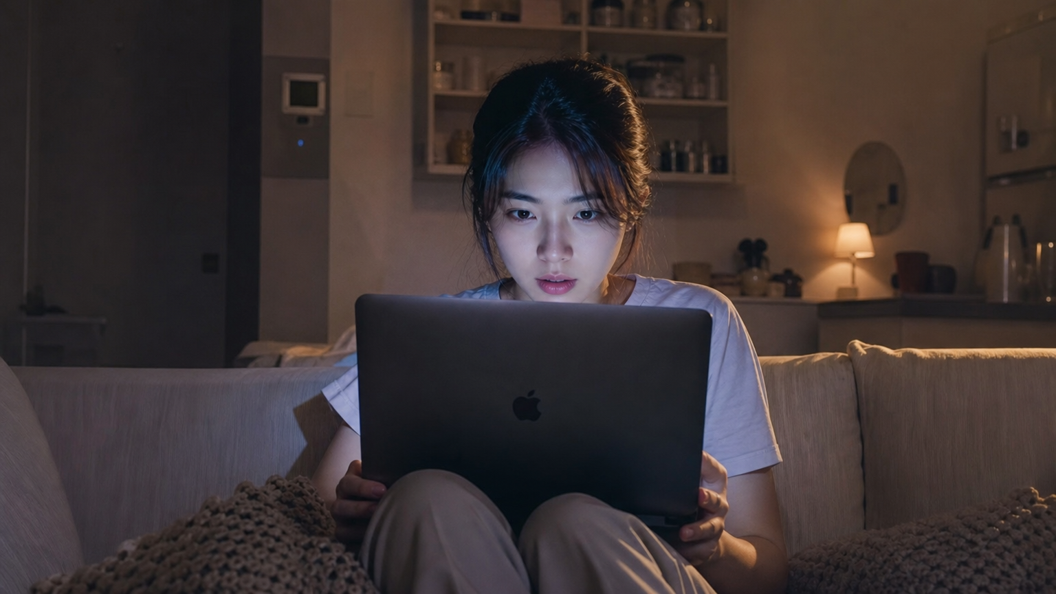 현대 한국 여성이 거실에서 노트북으로 넷플릭스를 시청하는 장면